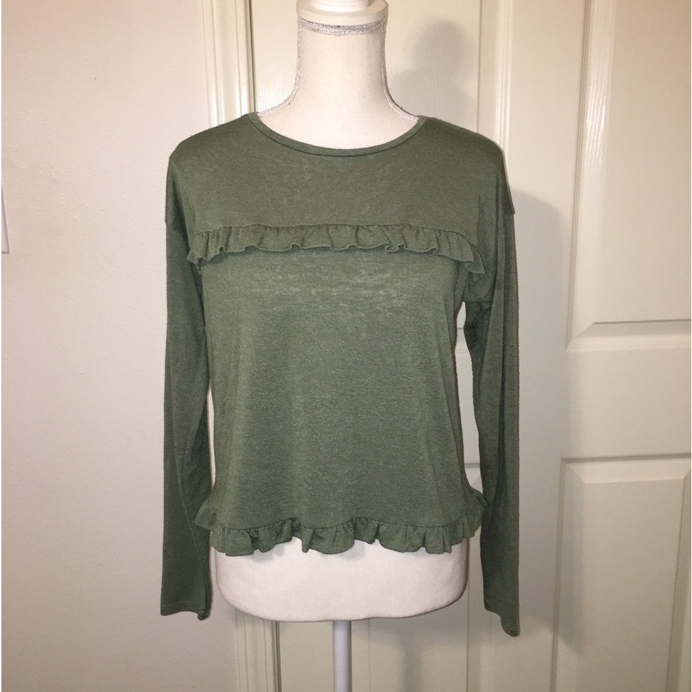 LOFT Ruffle Long Sleeve Shirt - Green XS